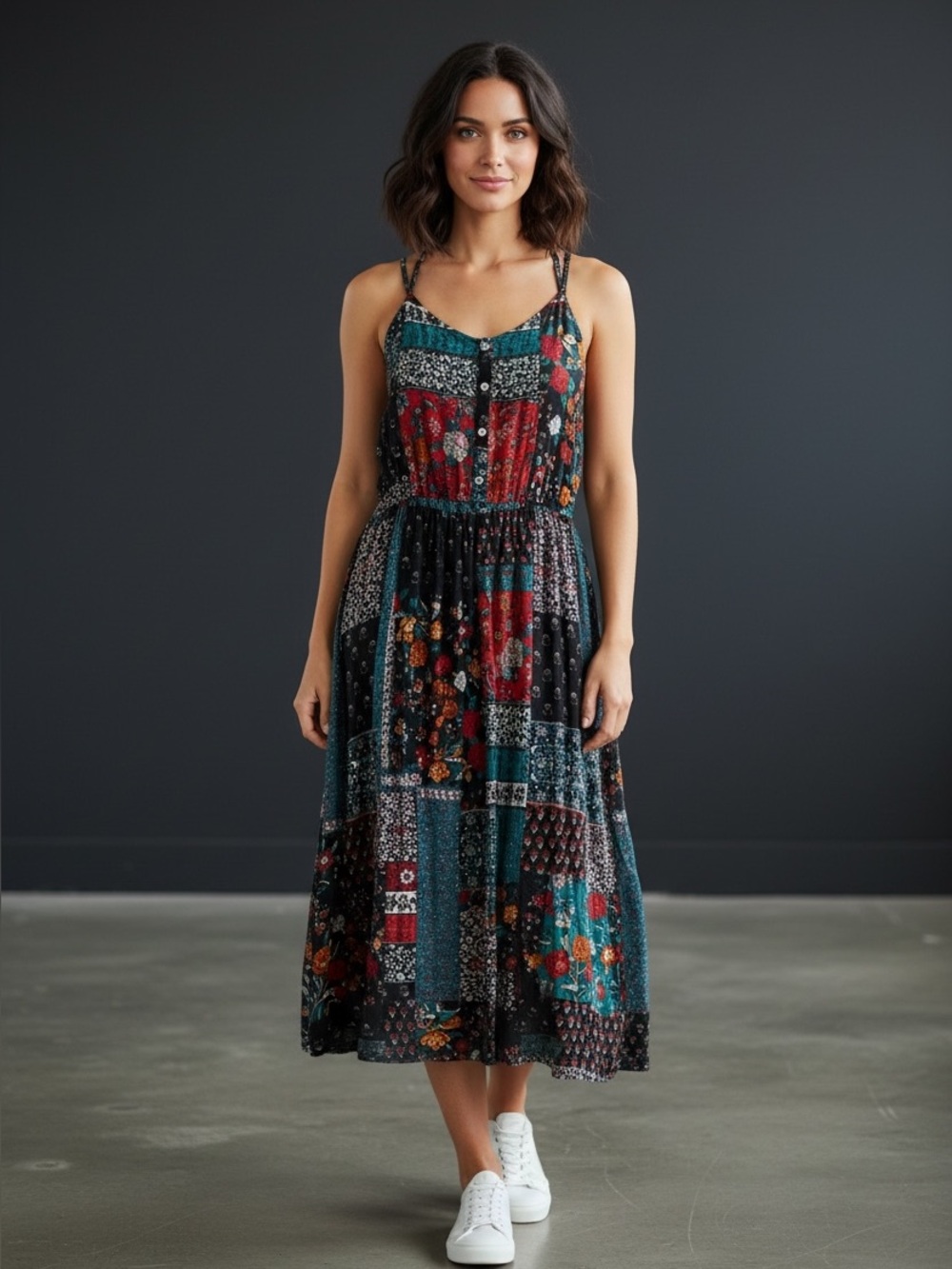 stradivarius Black Multi Patchwork Spaghetti-Strap Midi Dress